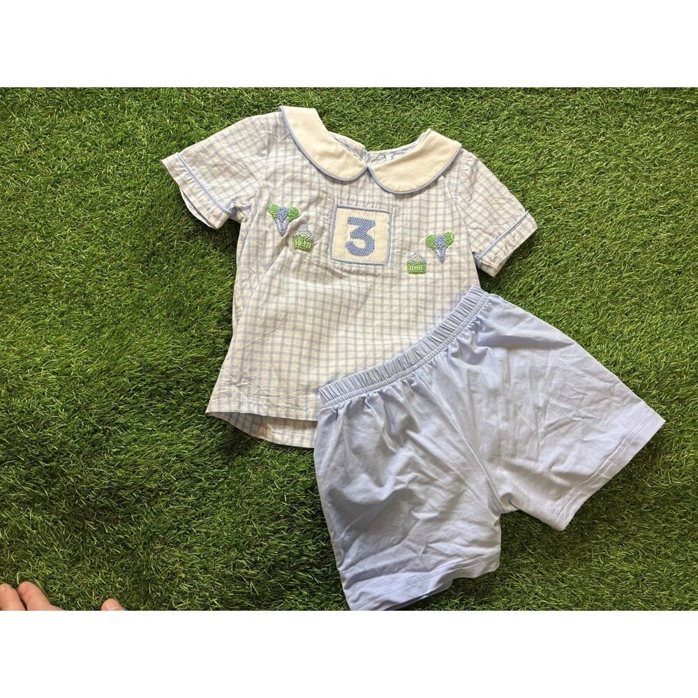 Southern Tots Boys Smocked 3rd Birthday Blue Gingham Short Set Size 3T